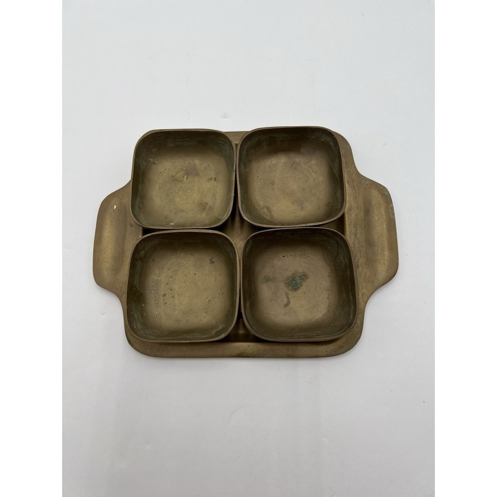 Vintage Heavy Brass Tray & 4 Bowls Square Serving Condiment Snack Set